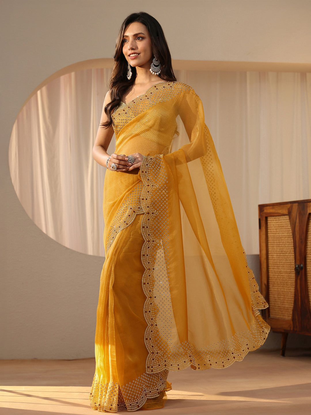 Libas Mustard Bead Work Tissue Saree