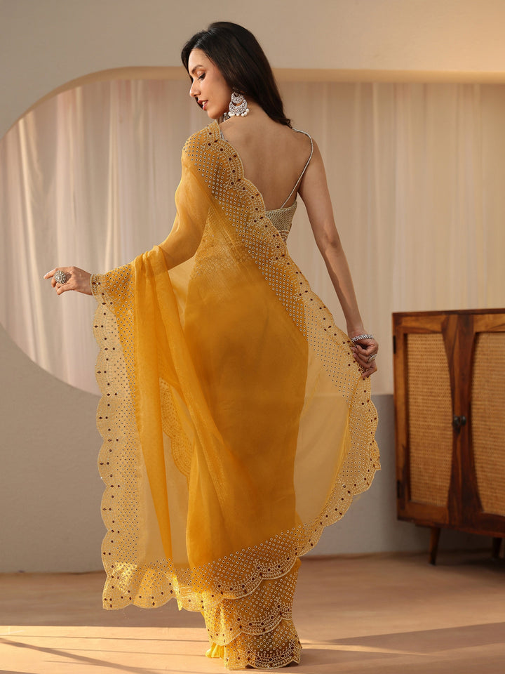 Libas Mustard Bead Work Tissue Saree