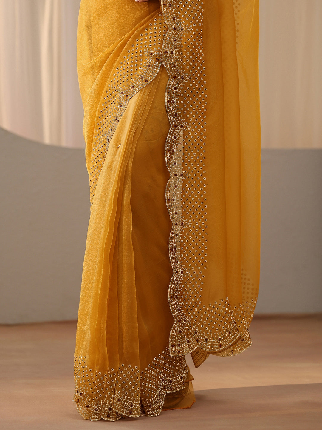 Libas Mustard Bead Work Tissue Saree