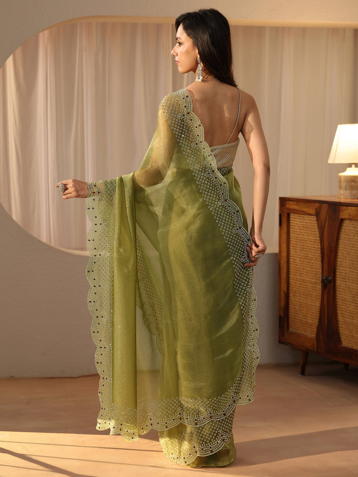 Libas Moss Green Bead Work Tissue Saree