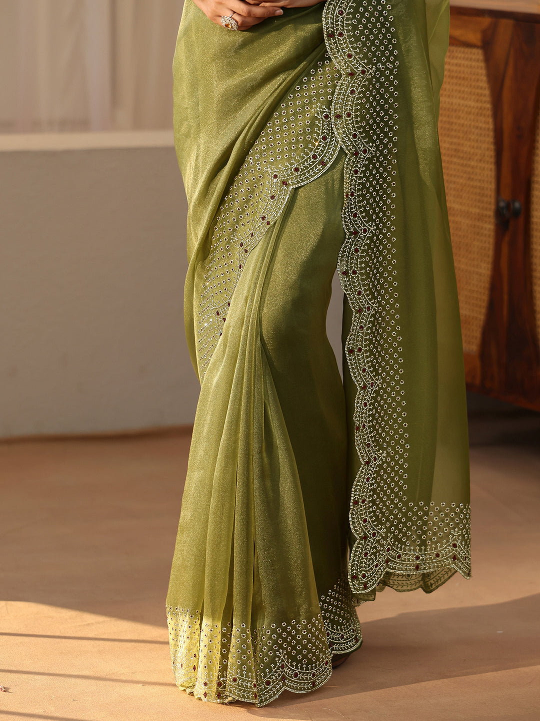 Libas Moss Green Bead Work Tissue Saree