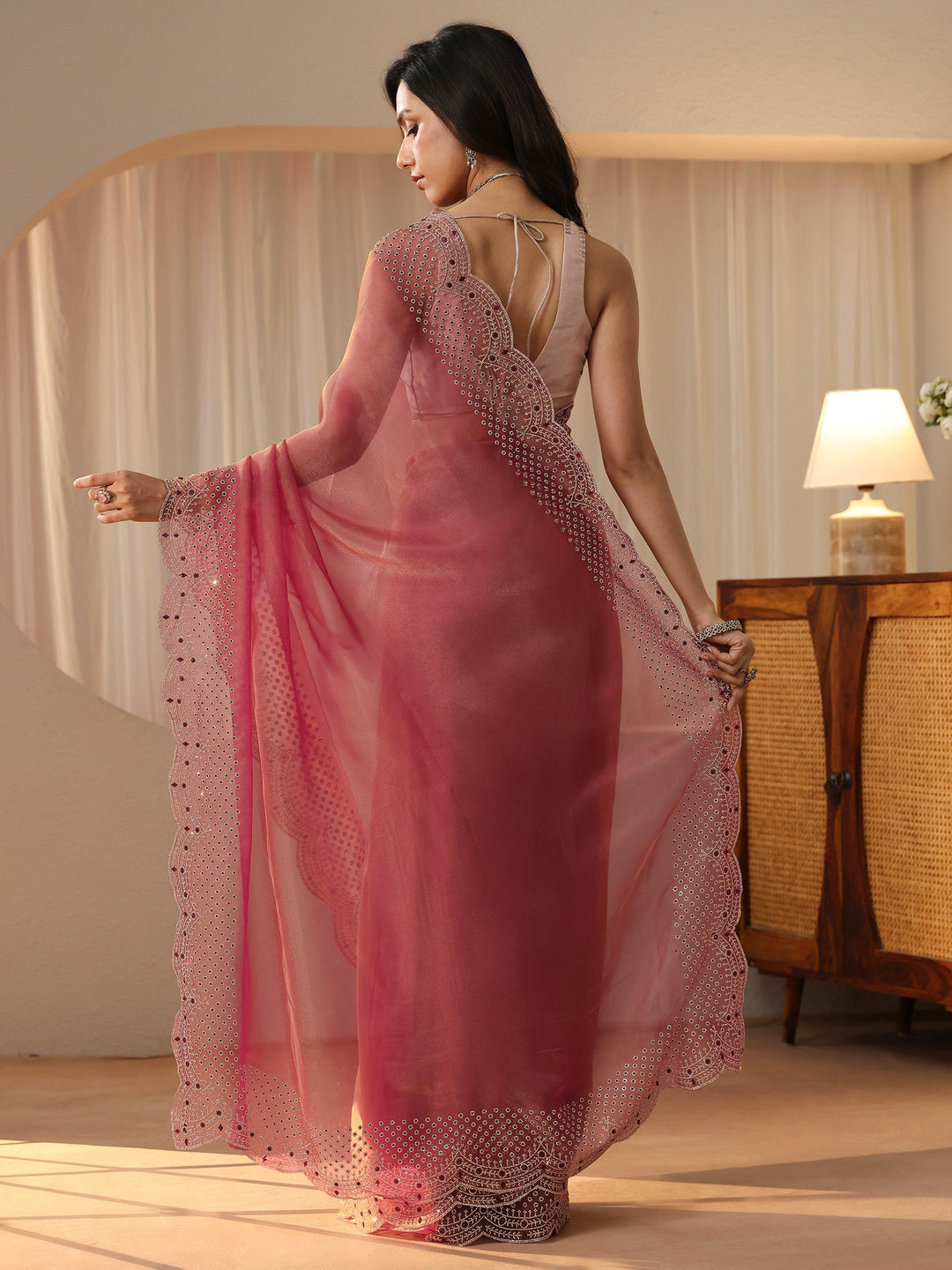 Libas Cerise Pink Bead Work Tissue Saree