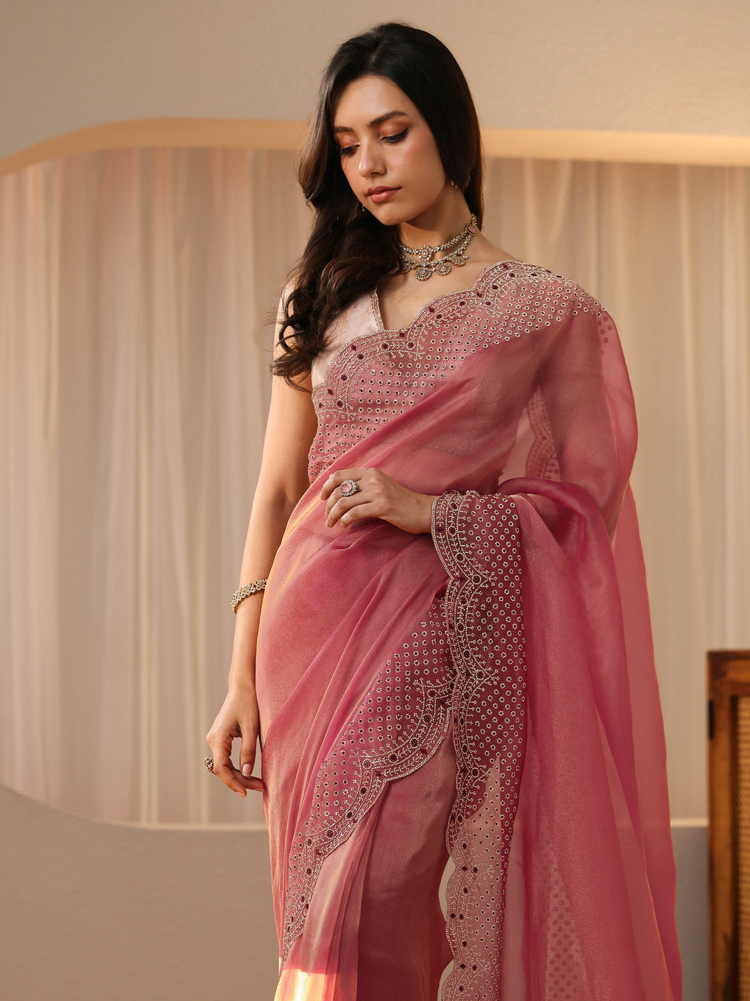 Libas Cerise Pink Bead Work Tissue Saree