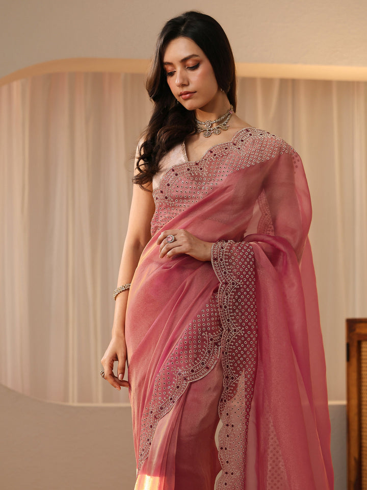 Libas Cerise Pink Bead Work Tissue Saree