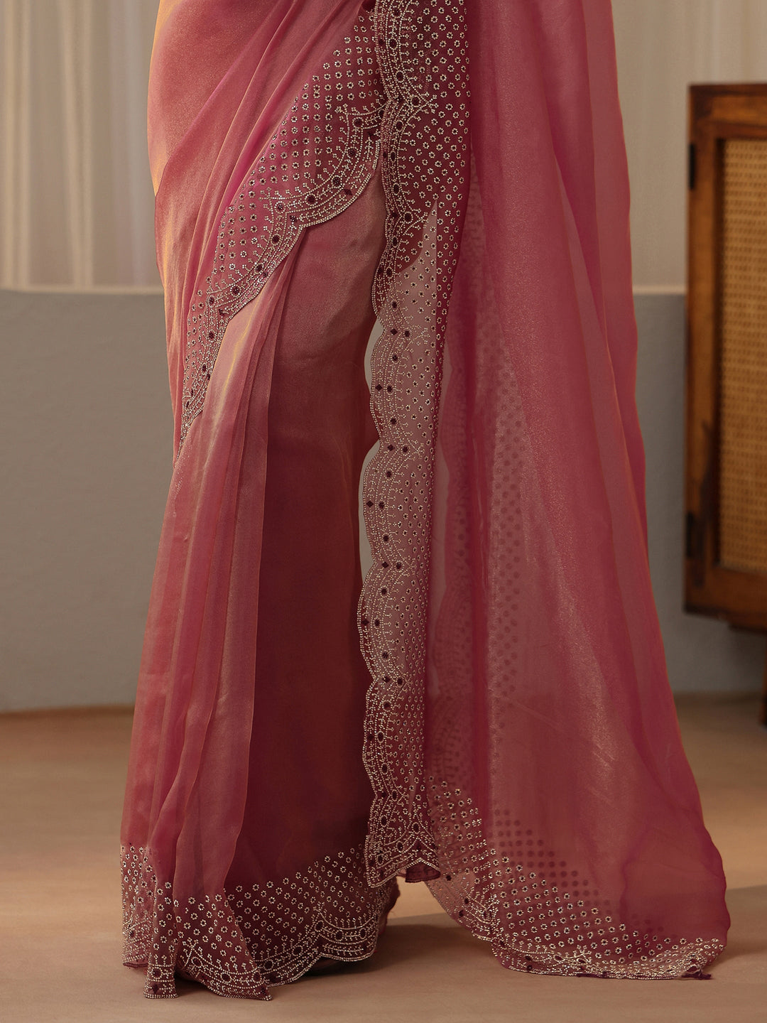 Libas Cerise Pink Bead Work Tissue Saree