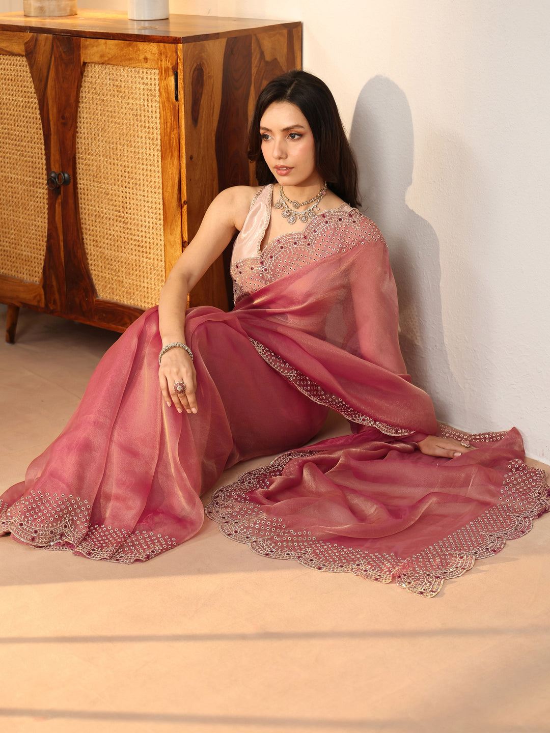 Libas Cerise Pink Bead Work Tissue Saree
