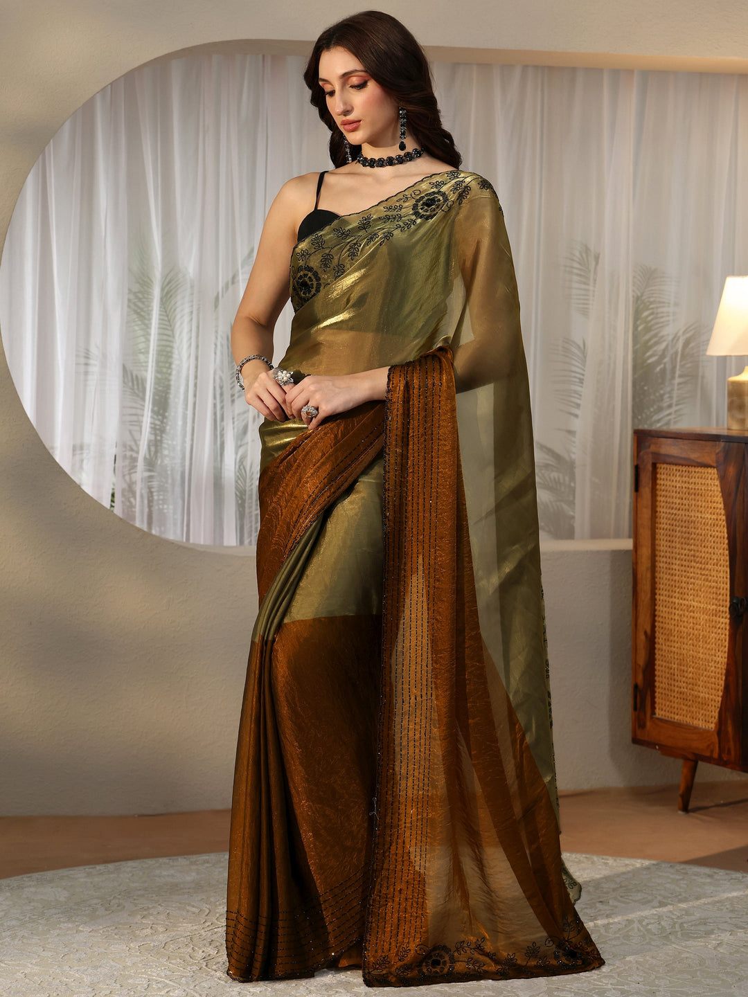 Libas Olive Green and Olive Brown Colour Block Tissue Saree