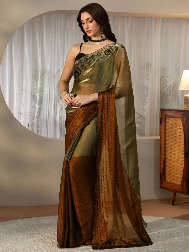 Libas Olive Green and Olive Brown Colour Block Tissue Saree