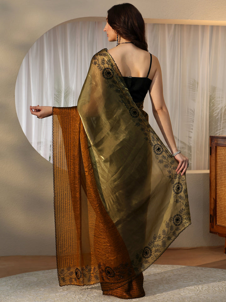 Libas Olive Green and Olive Brown Colour Block Tissue Saree