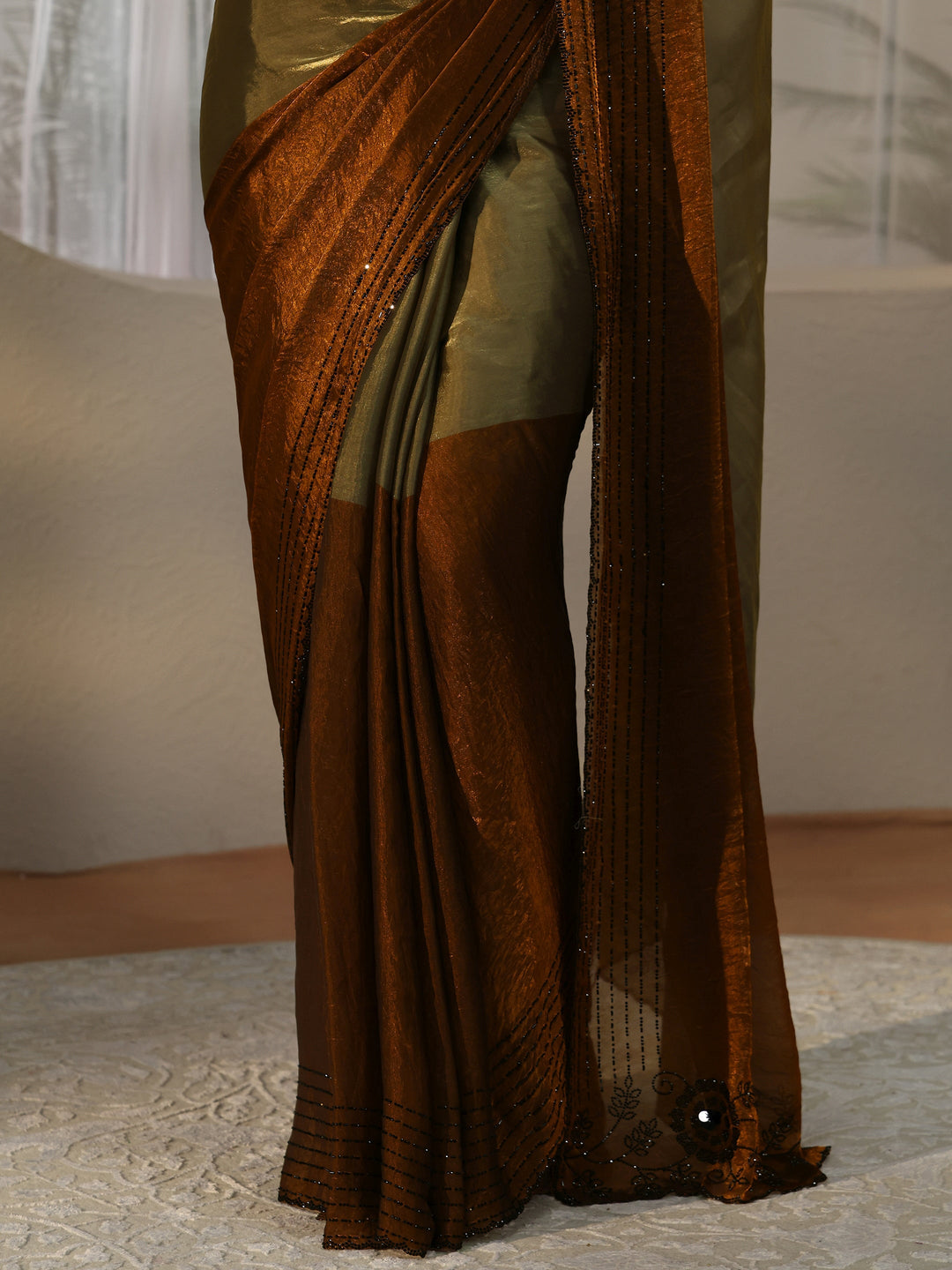 Libas Olive Green and Olive Brown Colour Block Tissue Saree
