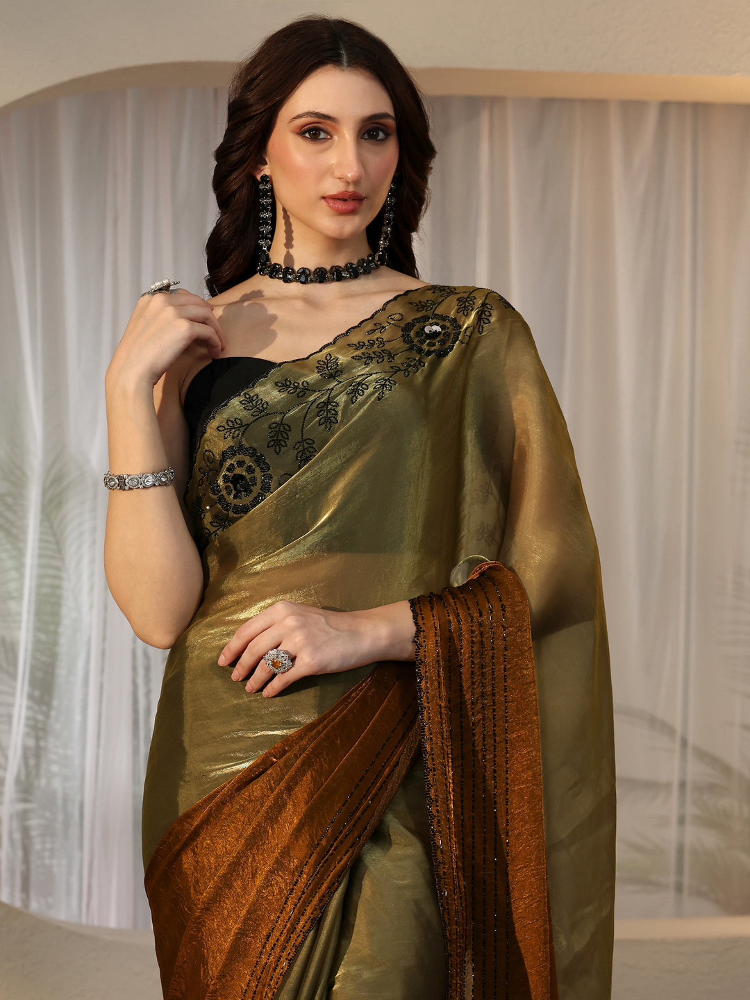 Libas Olive Green and Olive Brown Colour Block Tissue Saree