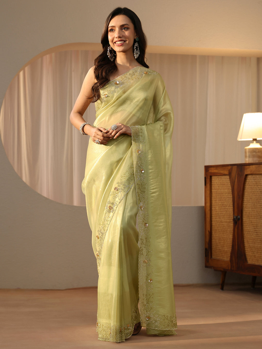 Libas Lime Green Embellished Border Net Saree