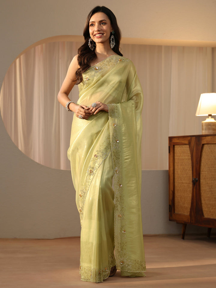 Libas Lime Green Embellished Border Net Saree
