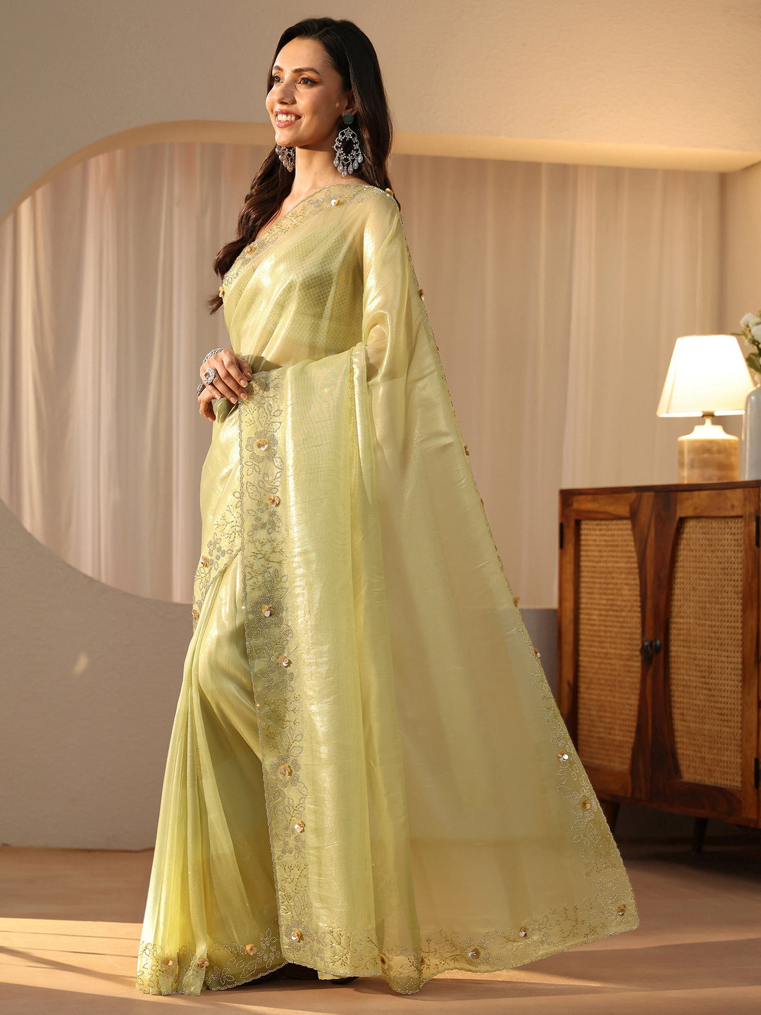Libas Lime Green Embellished Border Net Saree