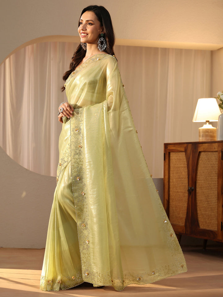 Libas Lime Green Embellished Border Net Saree