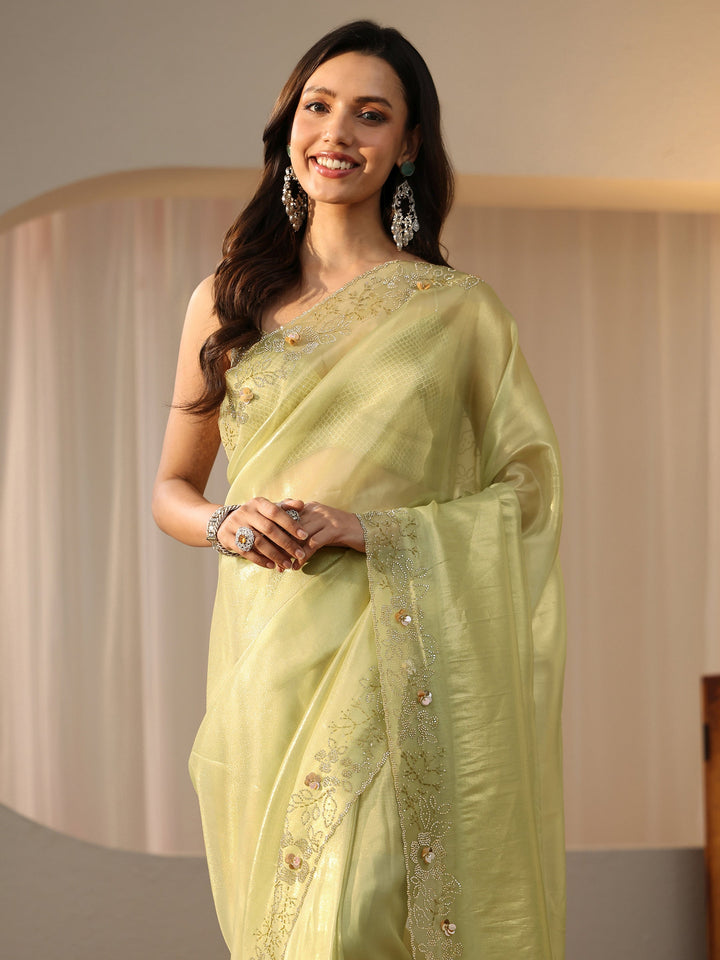 Libas Lime Green Embellished Border Net Saree