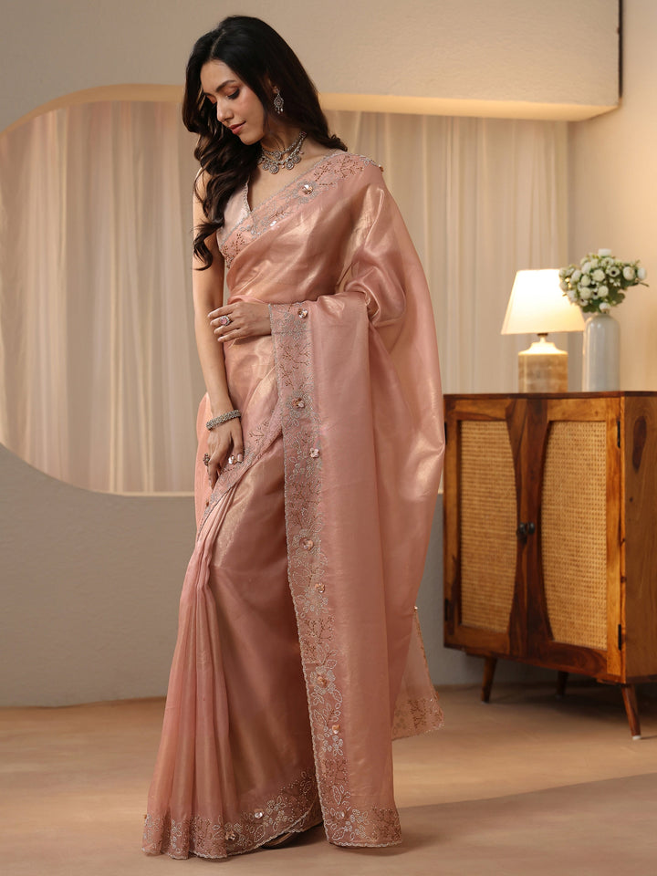 Libas Blush Pink Embellished Border Net Saree