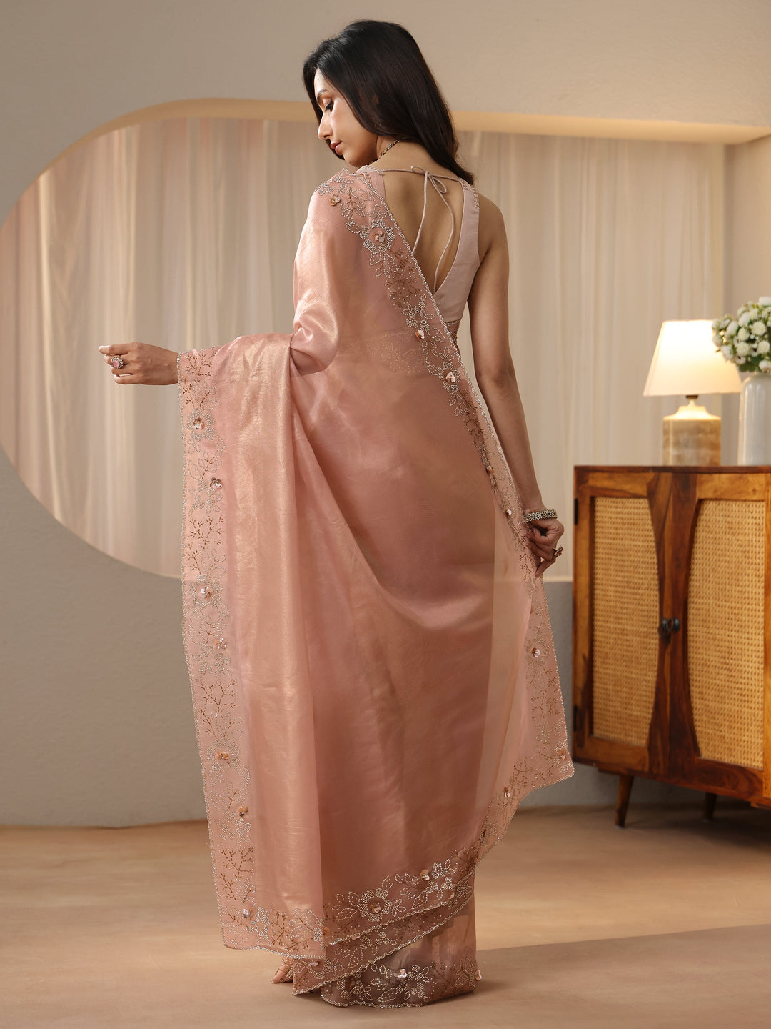 Libas Blush Pink Embellished Border Net Saree