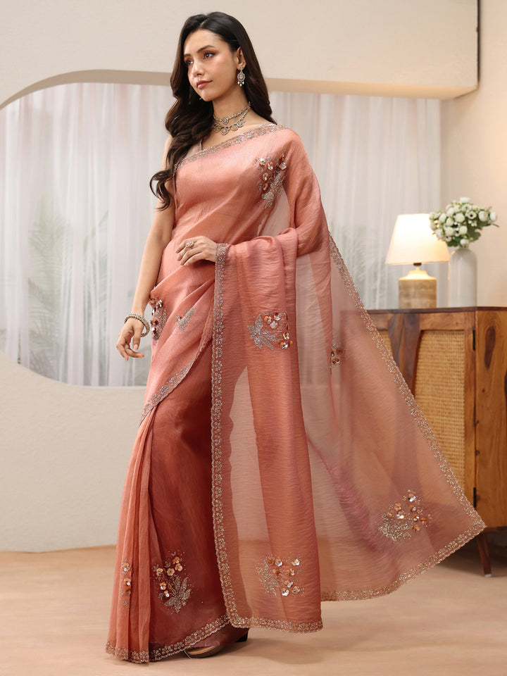 Libas Peach Pink Floral Embellished Tissue Saree