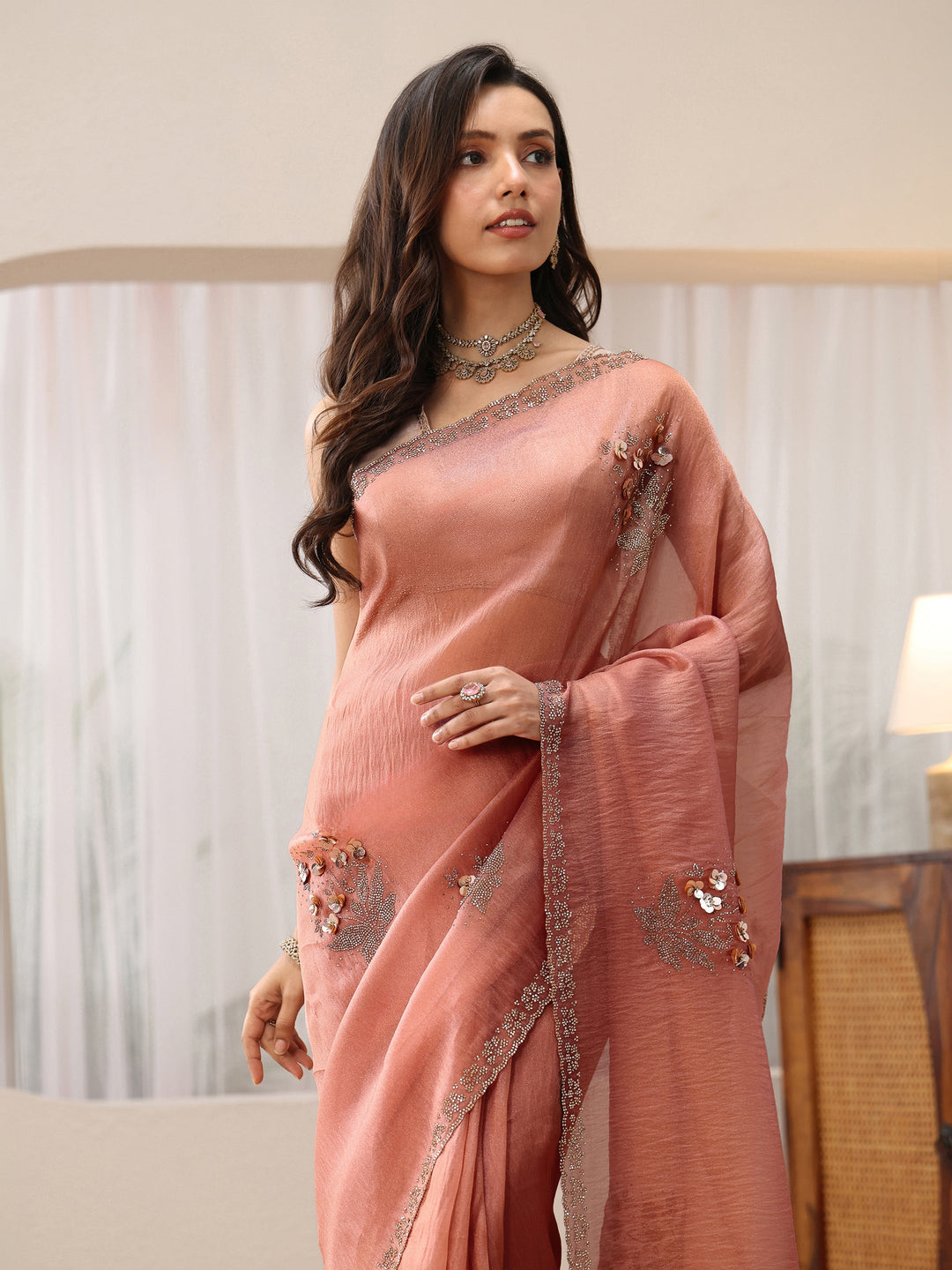 Libas Peach Pink Floral Embellished Tissue Saree