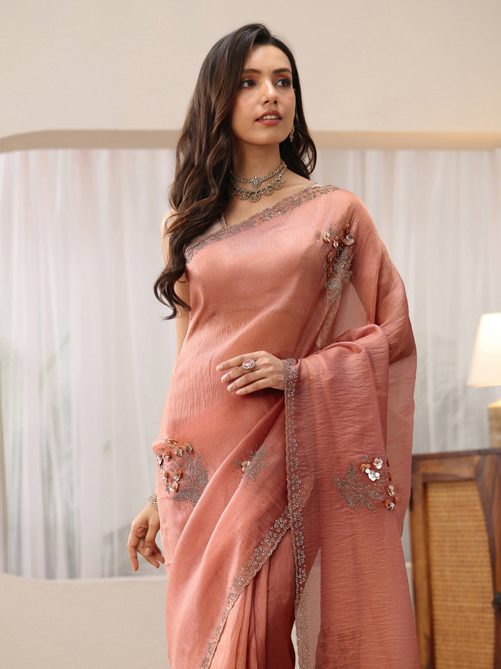 Libas Peach Pink Floral Embellished Tissue Saree