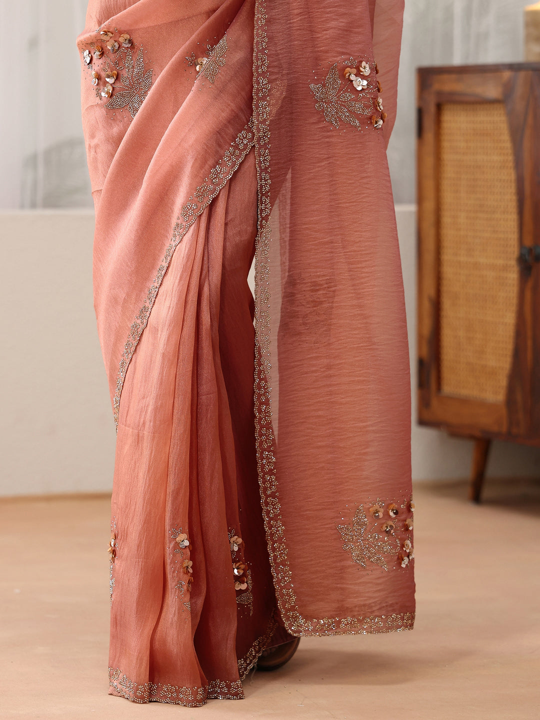 Libas Peach Pink Floral Embellished Tissue Saree