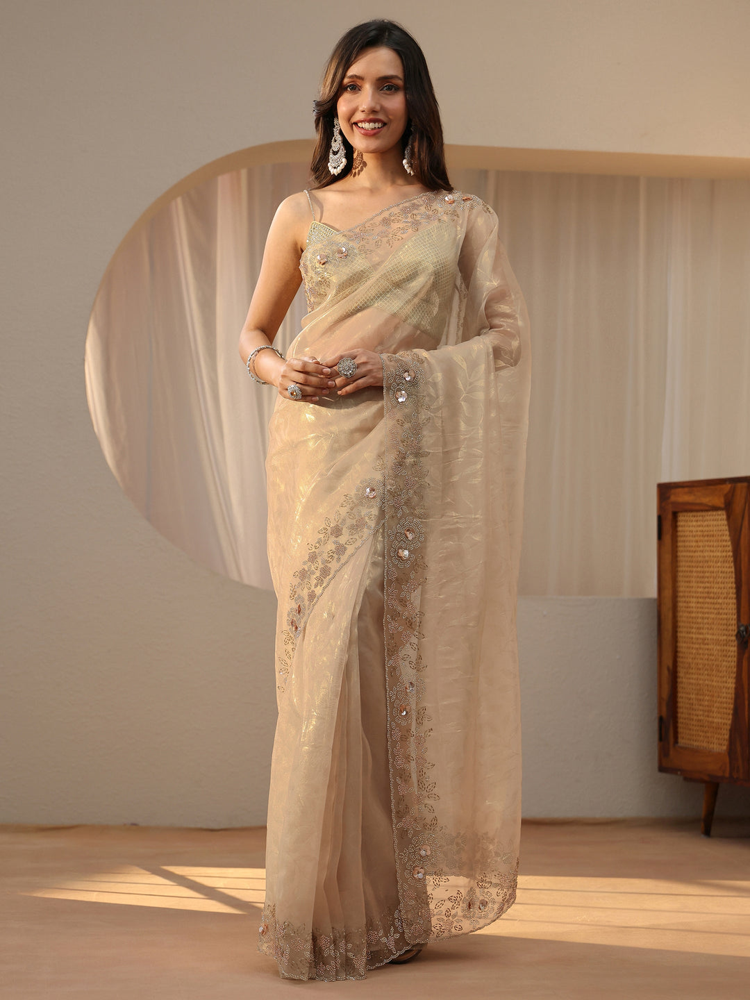 Libas Cream Floral Embellished Tissue Saree