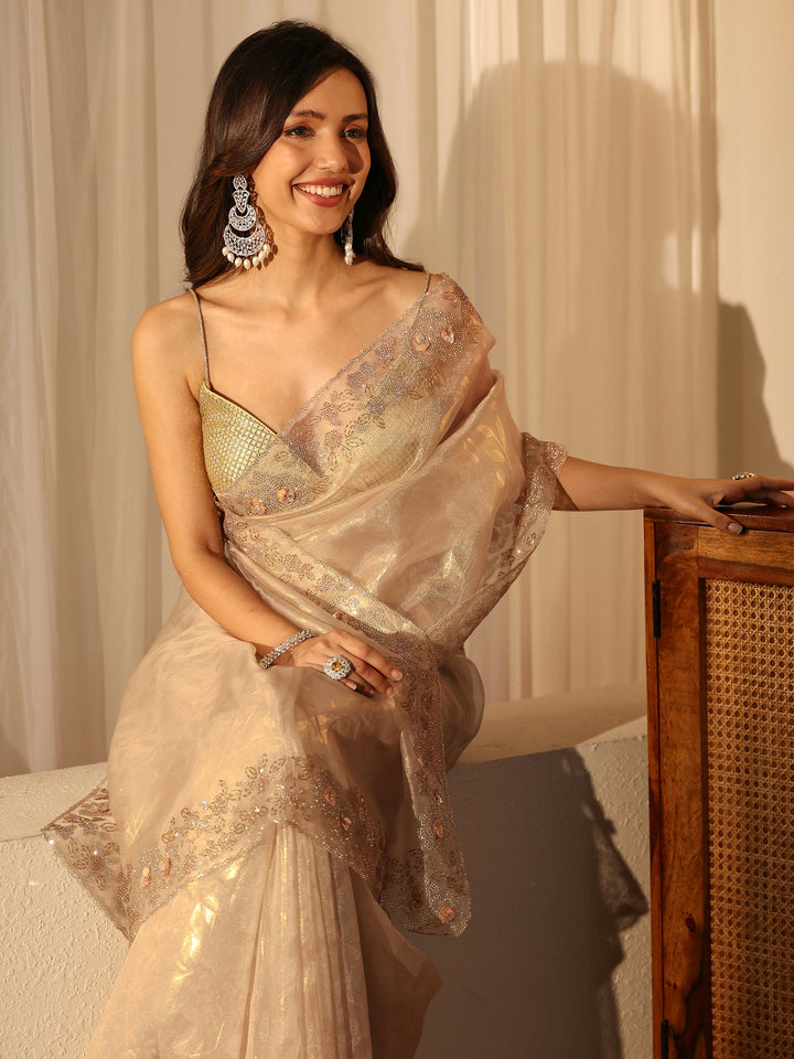 Libas Cream Floral Embellished Tissue Saree
