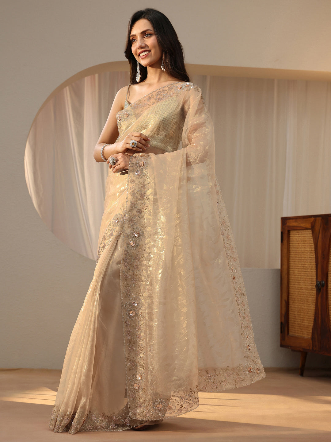 Libas Cream Floral Embellished Tissue Saree
