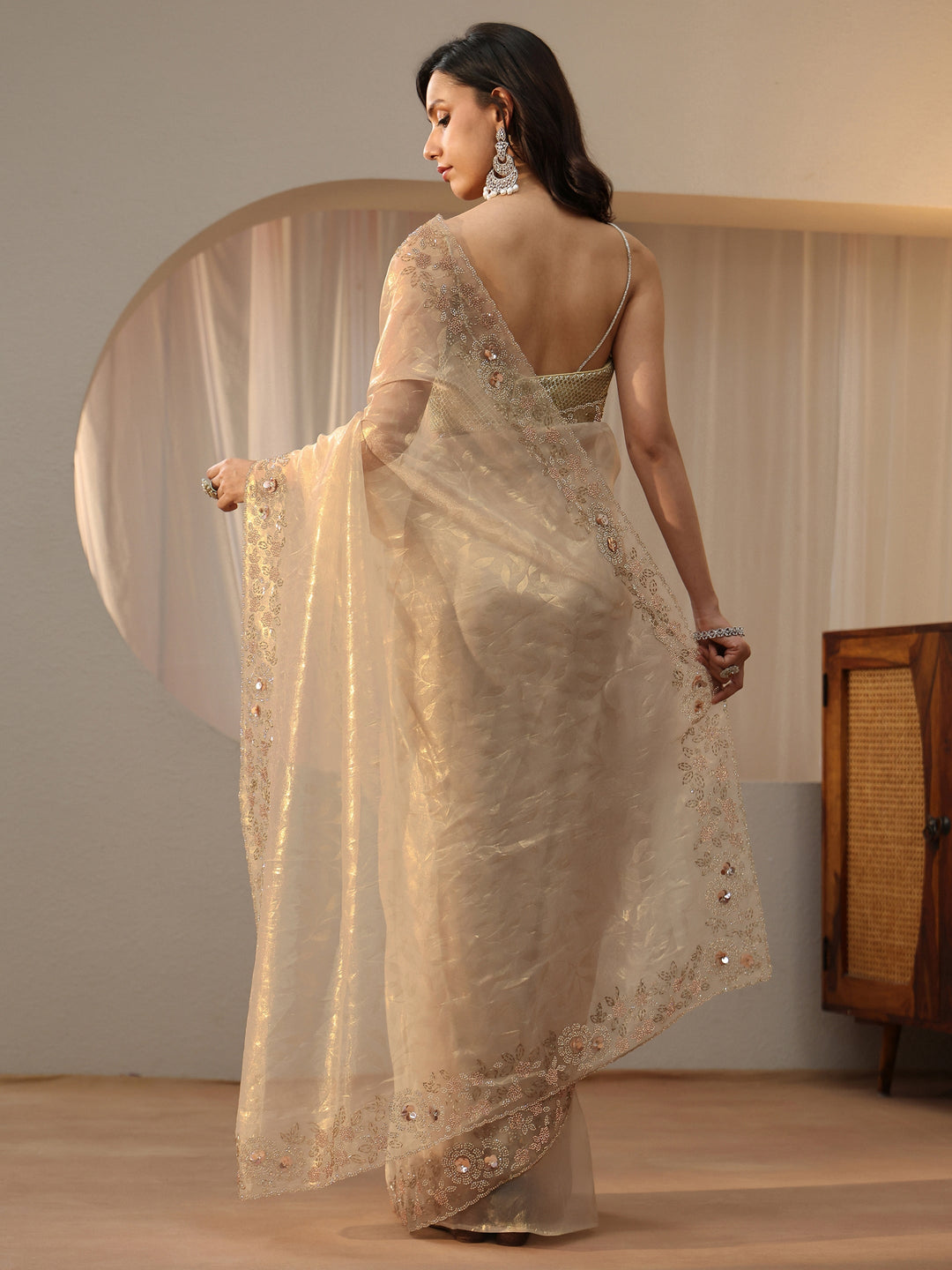 Libas Cream Floral Embellished Tissue Saree