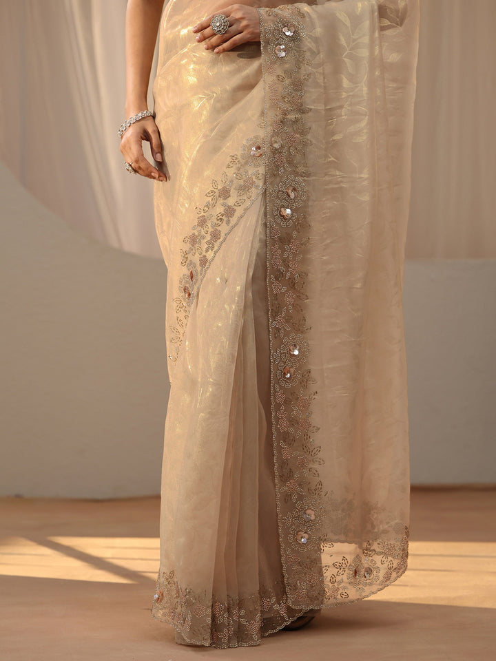 Libas Cream Floral Embellished Tissue Saree