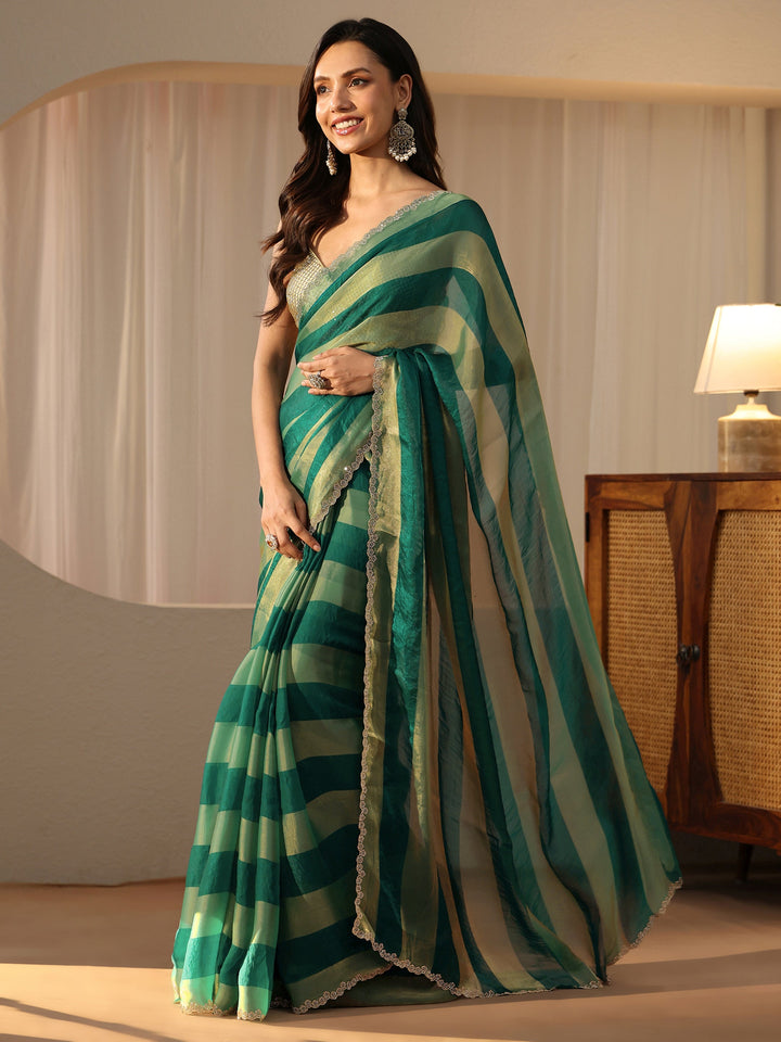Libas Green Striped Silk Blend Saree