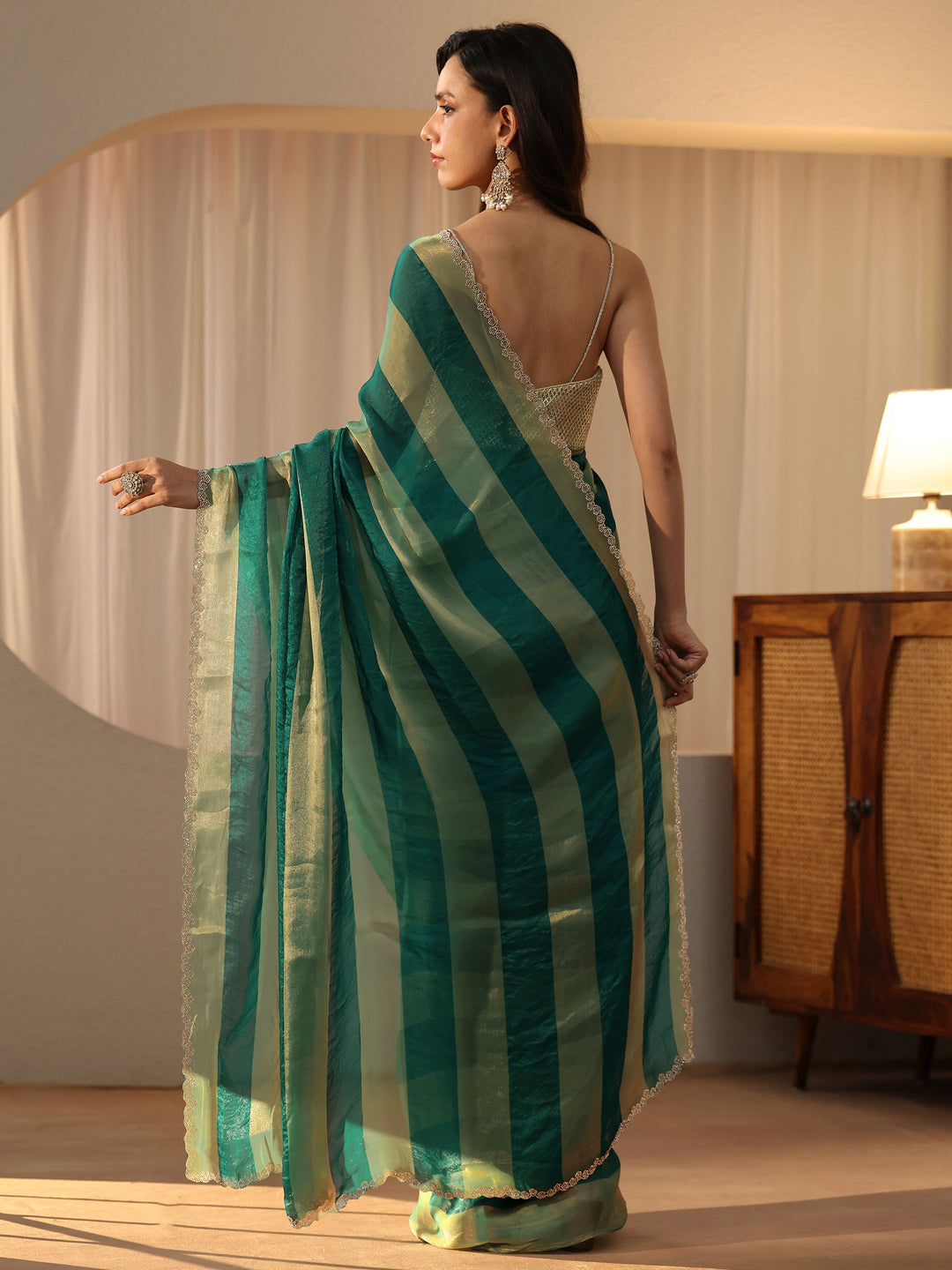 Libas Green Striped Silk Blend Saree