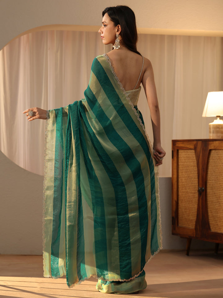 Libas Green Striped Silk Blend Saree