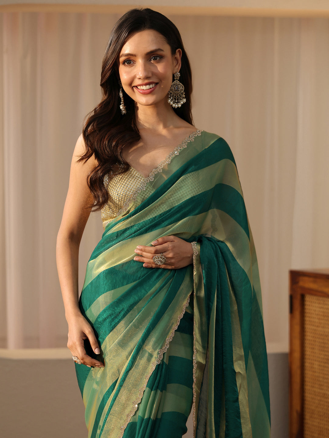 Libas Green Striped Silk Blend Saree
