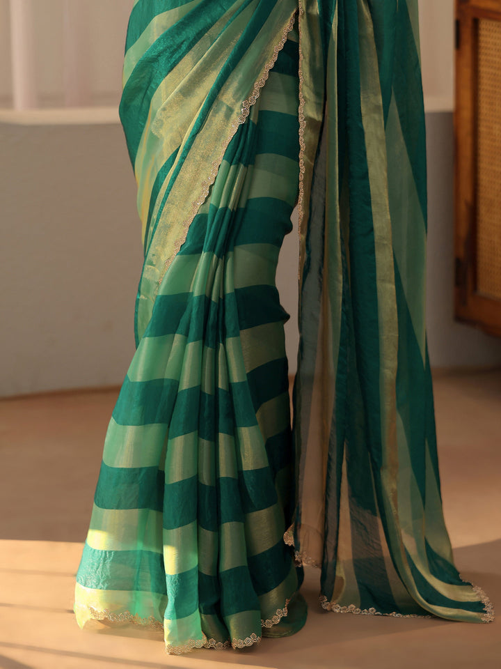 Libas Green Striped Silk Blend Saree