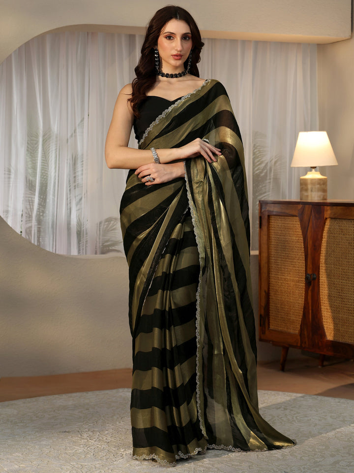 Libas Black Striped Silk Blend Saree