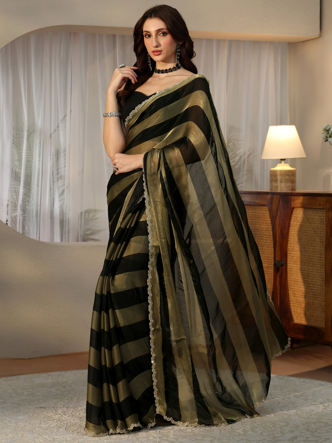 Libas Black Striped Silk Blend Saree