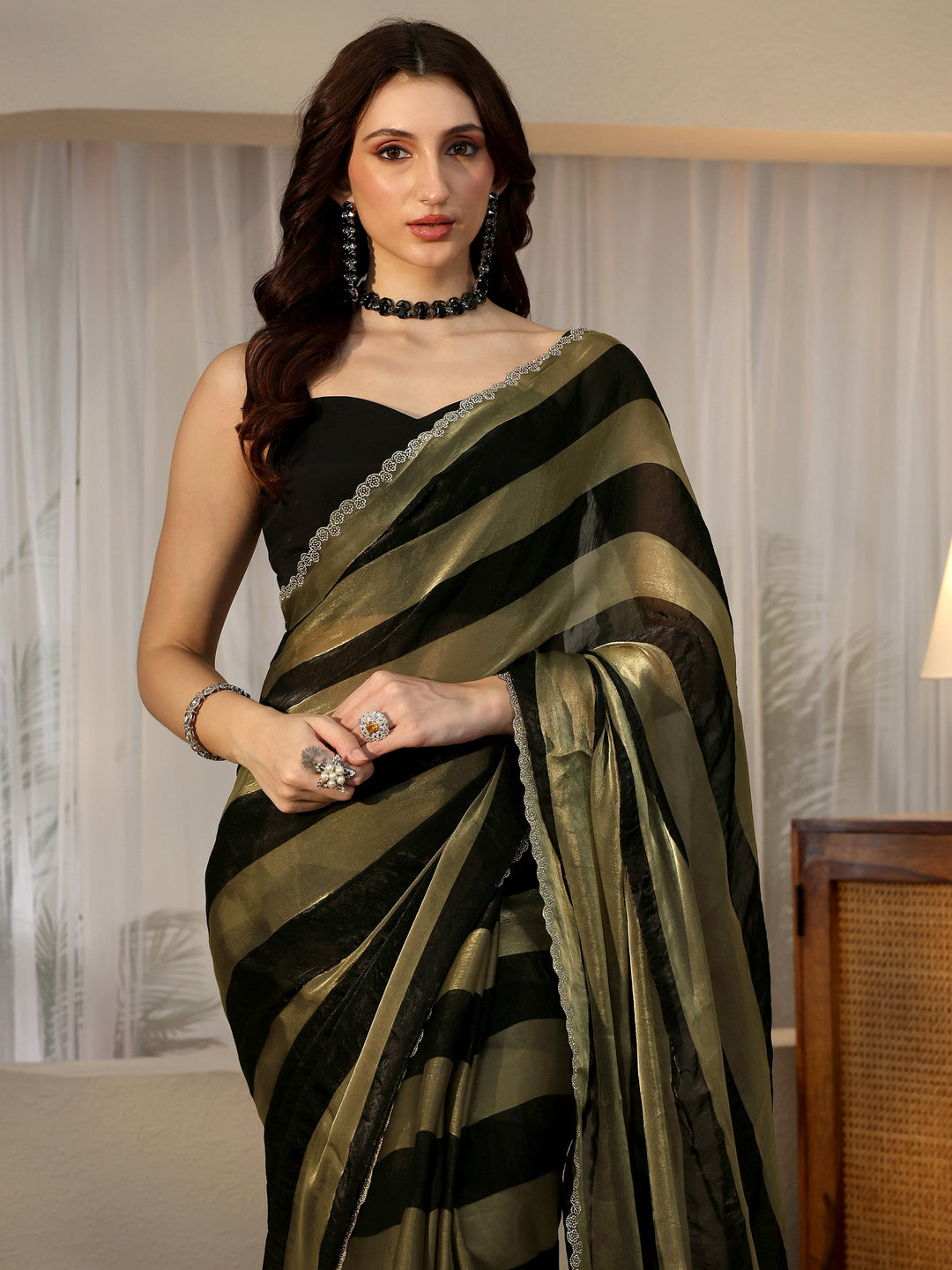 Libas Black Striped Silk Blend Saree