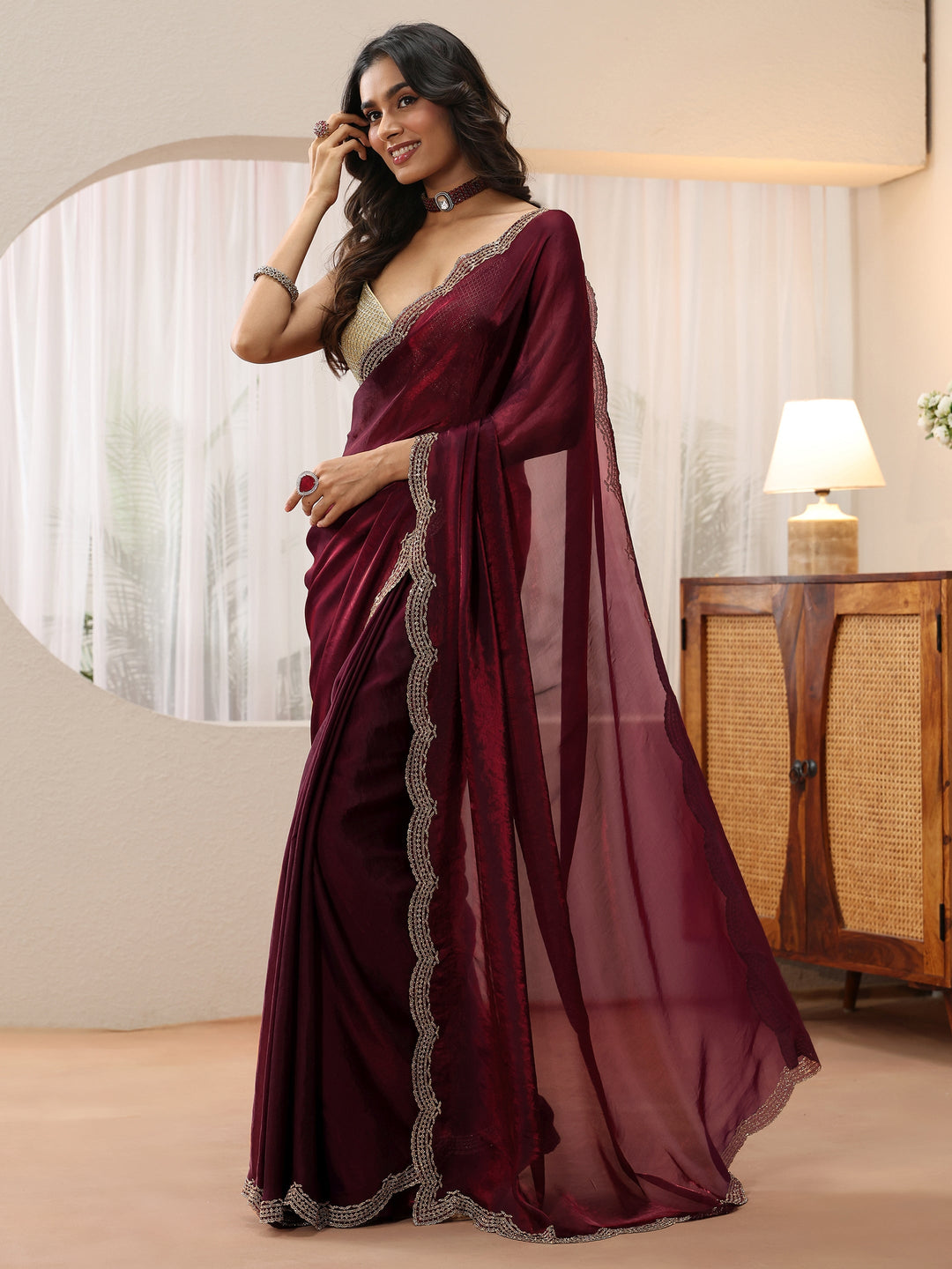 Libas Maroon Silk Blend Saree