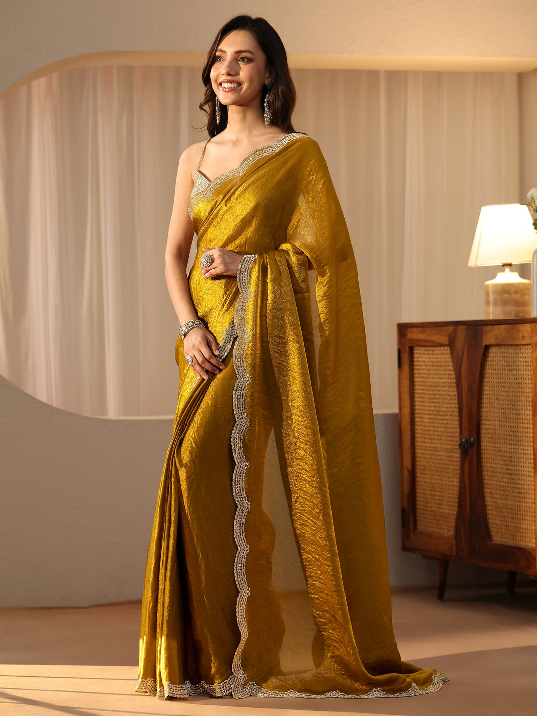 Libas Golden Mustard Silk Blend Saree