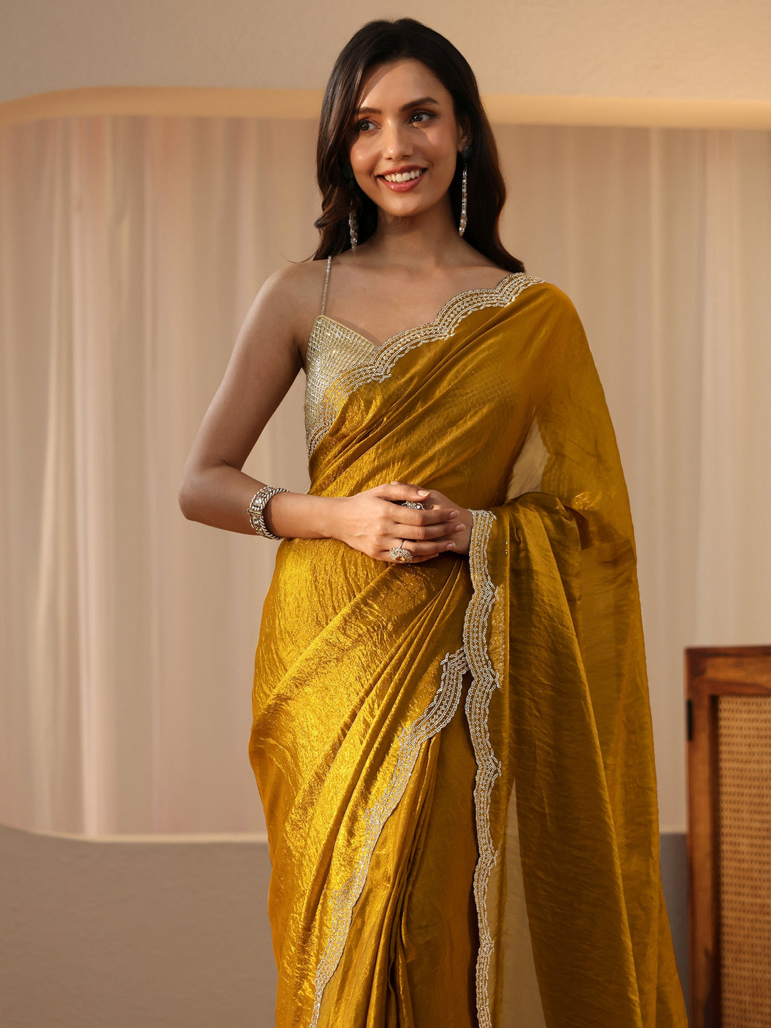 Libas Golden Mustard Silk Blend Saree