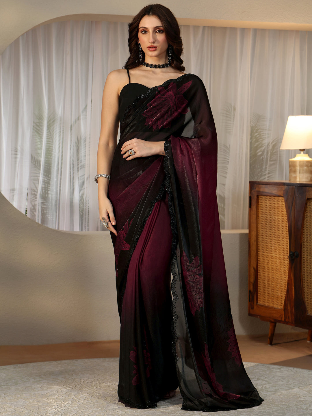 Libas Maroon Floral Embellished Silk Blend Saree