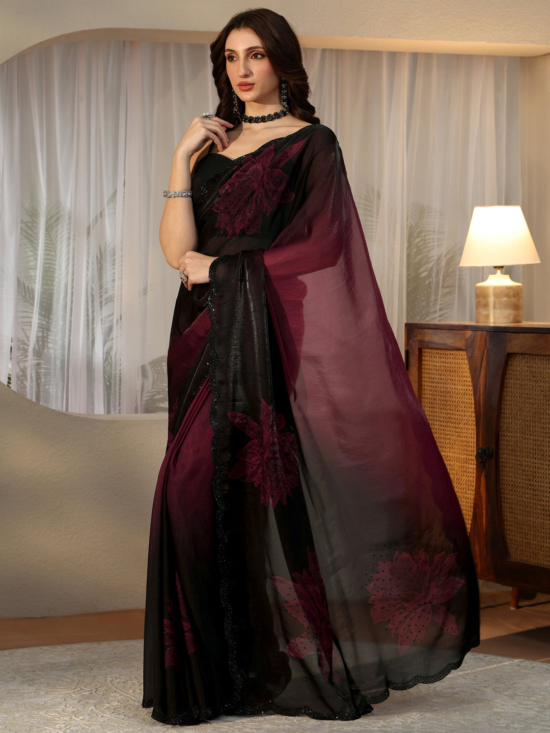 Libas Maroon Floral Embellished Silk Blend Saree