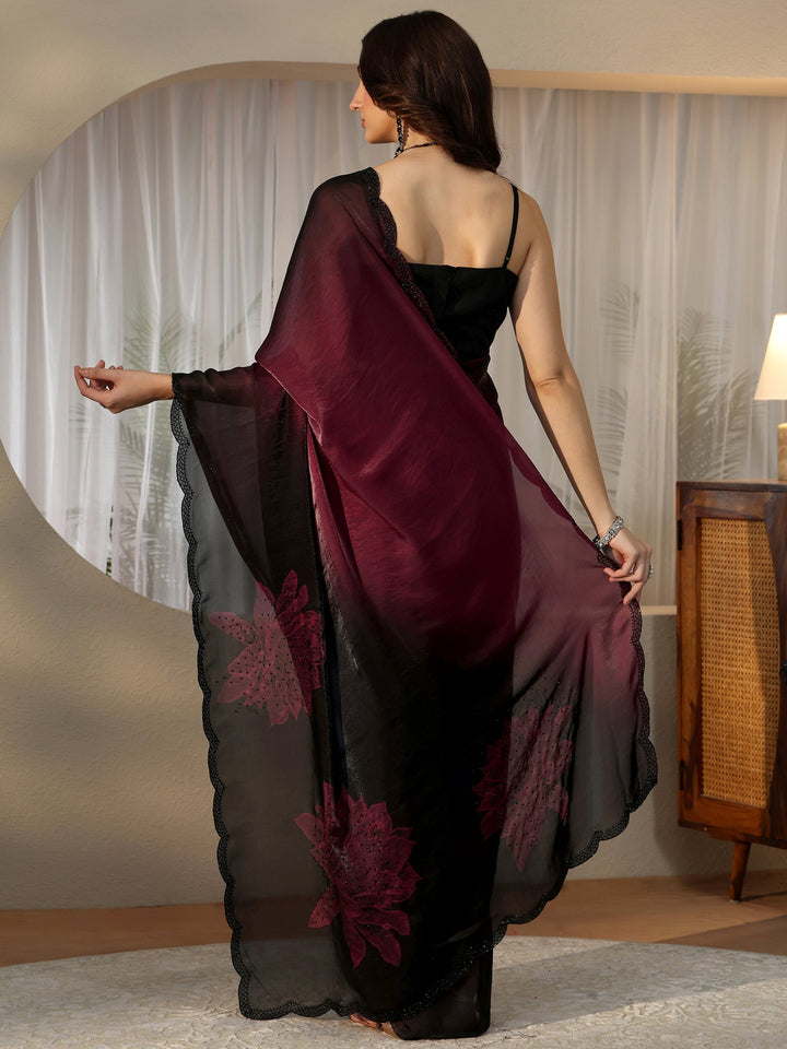 Libas Maroon Floral Embellished Silk Blend Saree