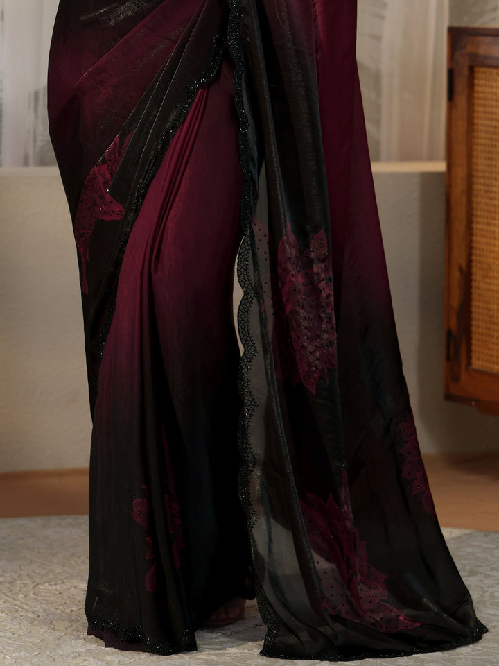 Libas Maroon Floral Embellished Silk Blend Saree