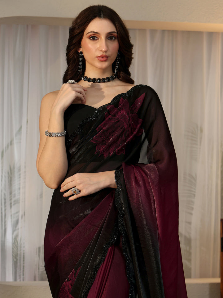 Libas Maroon Floral Embellished Silk Blend Saree