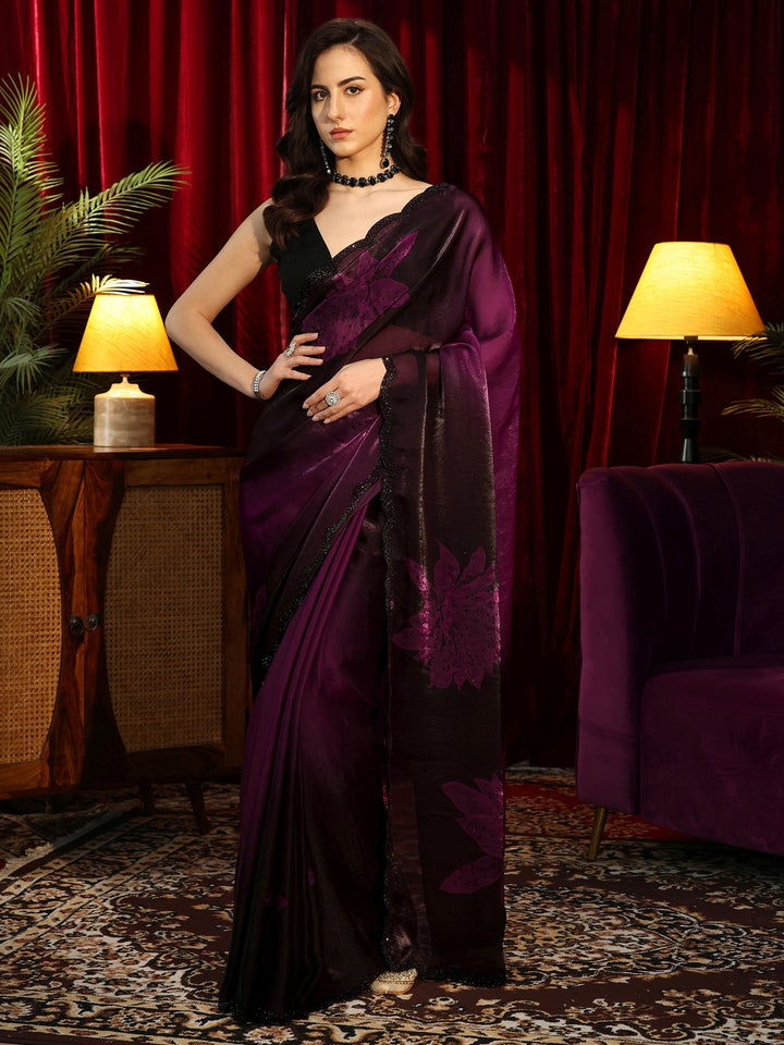 Libas Purple Floral Embellished Silk Blend Saree