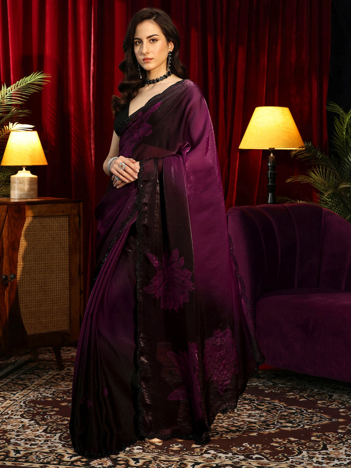 Libas Purple Floral Embellished Silk Blend Saree