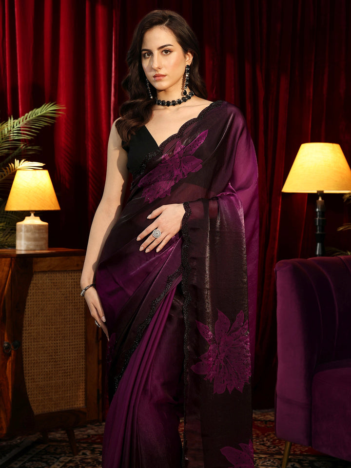 Libas Purple Floral Embellished Silk Blend Saree
